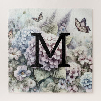 Monogram floral drawing pink purpe hydrangeas jigsaw puzzle