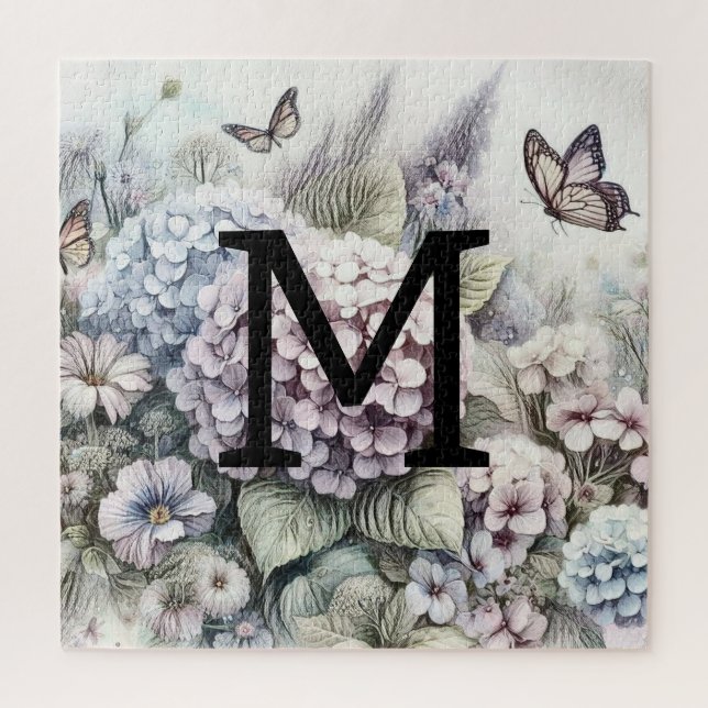 Monogram floral drawing pink purpe hydrangeas jigsaw puzzle (Vertical)