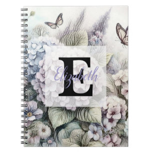 Monogram floral drawing pink purpe hydrangeas notebook
