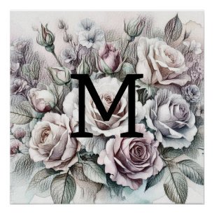Monogram floral drawing pink purple blue roses poster