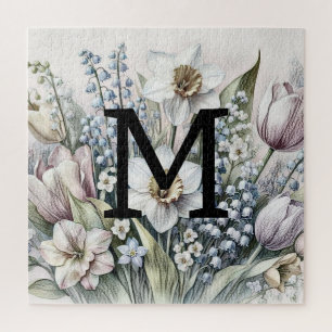 Monogram floral drawing pink tulips daffodils jigsaw puzzle
