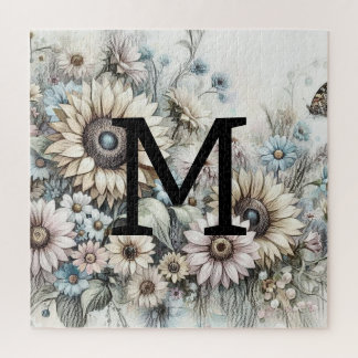 Monogram floral drawing pink yellow sunflowers jigsaw puzzle