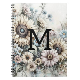 Monogram floral drawing pink yellow sunflowers notebook