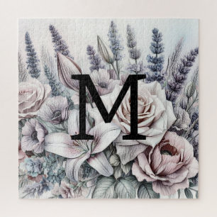 Monogram floral drawing roses lavender lilies jigsaw puzzle