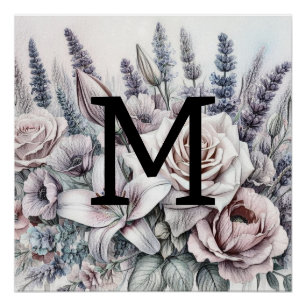 Monogram floral drawing roses lavender lilies  poster