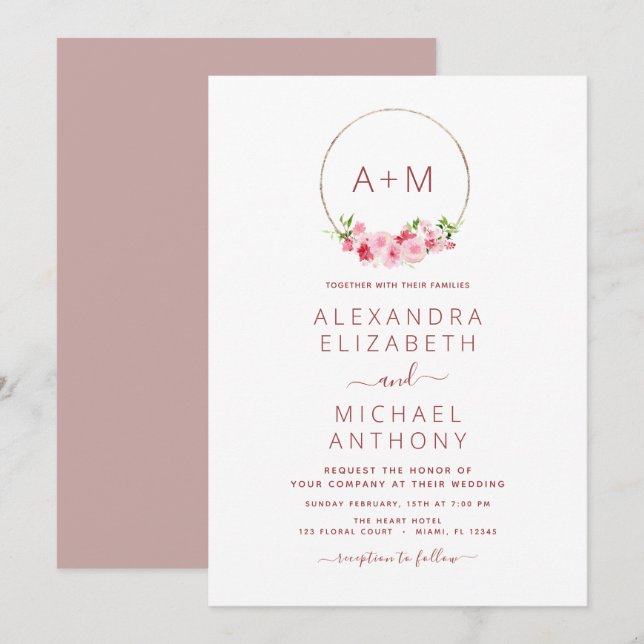 Monogram Floral Dusty Rose Pink Wedding Invitation (Front/Back)