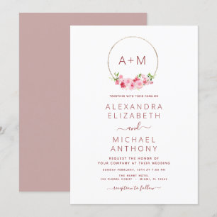 Monogram Floral Dusty Rose Pink Wedding Invitation