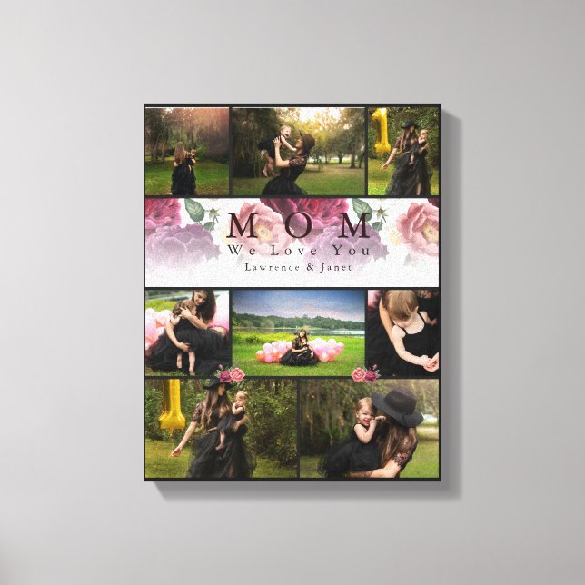 Monogram Floral Family and Mother Photo Collage Canvas Print (Front)