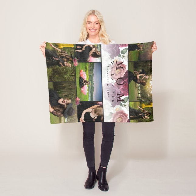 Monogram Floral Family and Mother Photo Collage Fleece Blanket (In Situ)