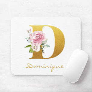 Monogram Floral Faux Gold Name Initial Personalise Mouse Mat