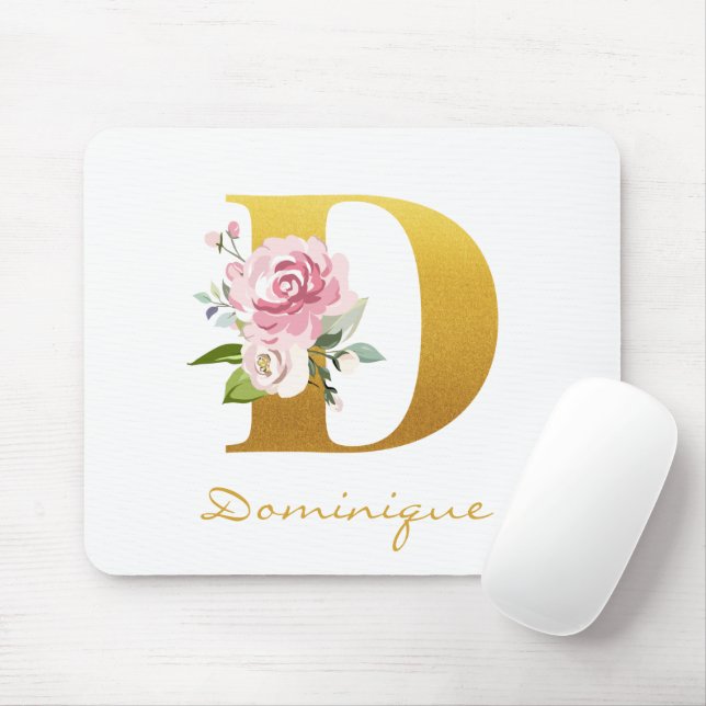 Monogram Floral Faux Gold Name Initial Personalise Mouse Mat (With Mouse)