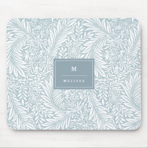 Monogram Floral Foliage Dusty Blue White Elegant Mouse Mat