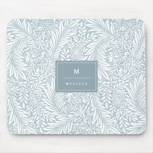 Monogram Floral Foliage Dusty Blue White Elegant Mouse Mat (Front)