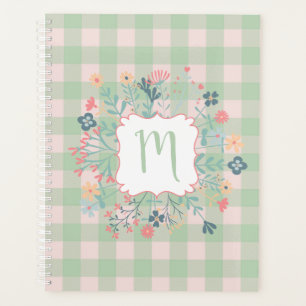 Monogram Floral Frame Spring Green Buffalo Plaid Planner