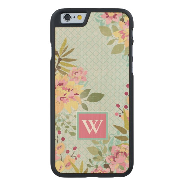 Monogram | Floral Garden, Blue Background Carved Wood iPhone Case (Back)