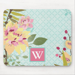 Monogram   Floral Garden, Blue Background Mouse Mat