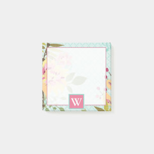 Monogram Floral Garden, Blue Background Post-it Notes