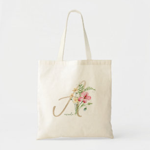 Monogram Floral Gold Initial A with Name Tote Bag