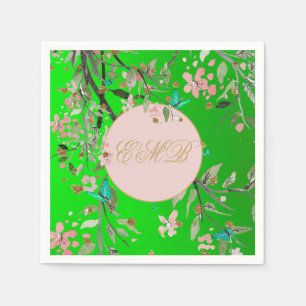 Monogram Floral Green Elegant Pink Gold Birthday Napkin