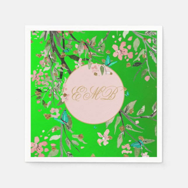 Monogram Floral Green Elegant Pink Gold Birthday Napkin (Front)