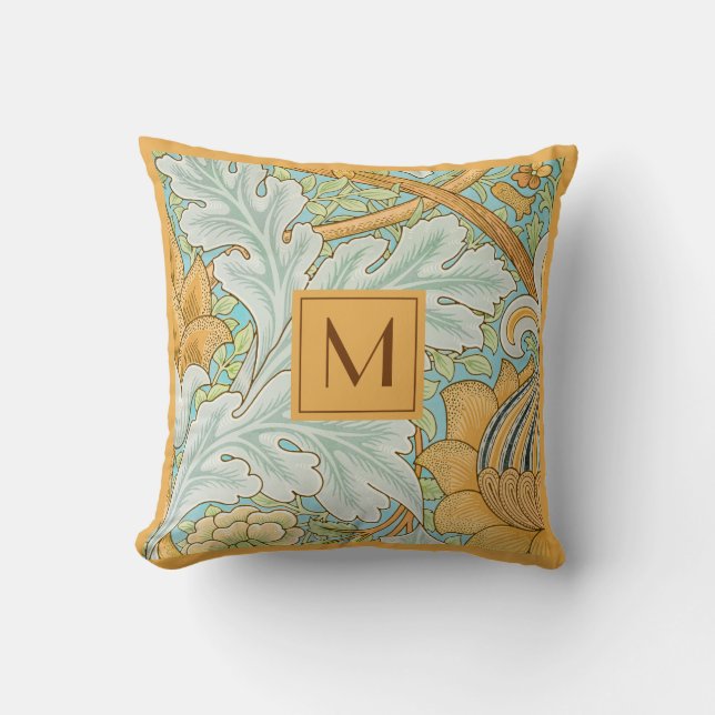 Monogram Floral Greenery Botanical Yellow Green Cushion (Front)