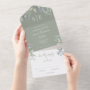 Monogram Floral Greenery Sage Green Wedding All In One Invitation