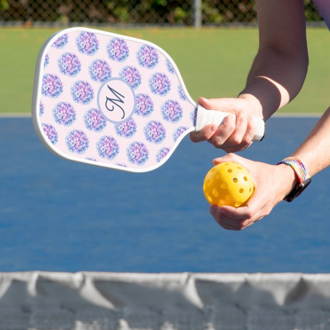 Monogram Floral Hydrangea Blade Pattern White Hand Pickleball Paddle (Insitu)