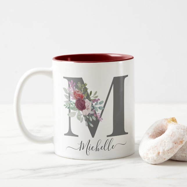 monogram Floral Initial Name Two-Tone Coffee Mug (With Donut)