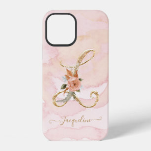 Monogram Floral Letter L Gold Script Watercolor iPhone 12 Case