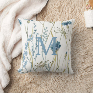 Monogram Floral Light Blue Gold Cushion