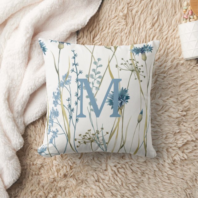 Monogram Floral Light Blue Gold Cushion (Blanket)