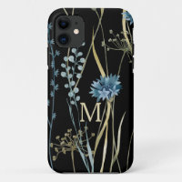 Monogram Floral Light Blue & Gold on Black
