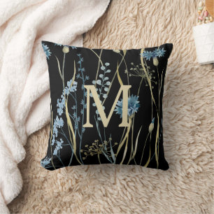 Monogram Floral Light Blue & Gold on Black Cushion
