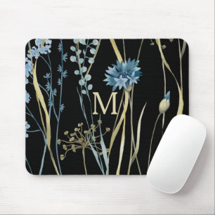 Monogram Floral Light Blue & Gold on Black Mouse Mat