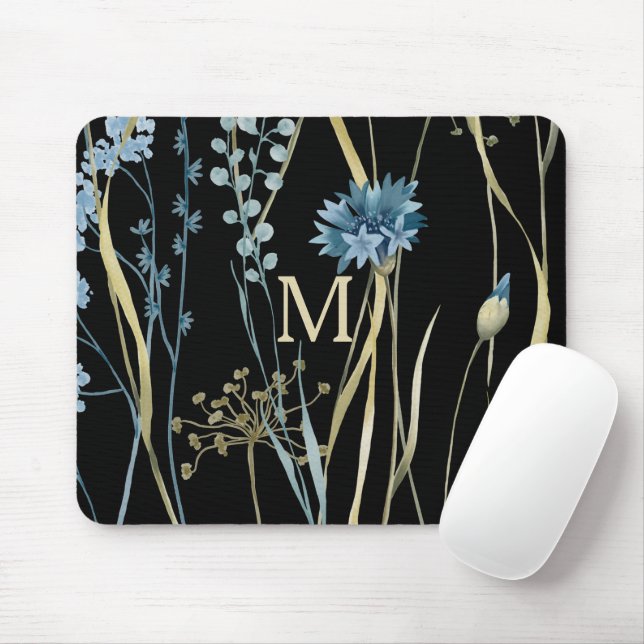 Monogram Floral Light Blue & Gold on Black  Mouse Mat (With Mouse)