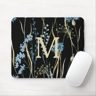Monogram Floral Light Blue & Gold on Black Mouse Mat
