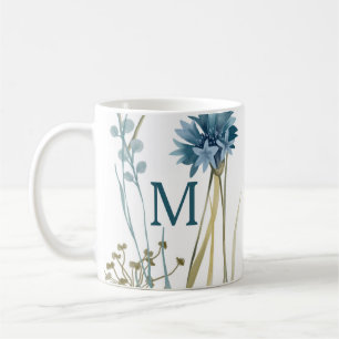 Monogram Floral Light Blue Gold on White Coffee Mug