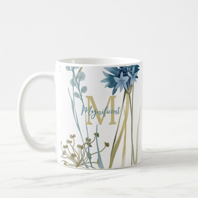 Monogram Floral Light Blue Gold White Coffee Mug (Left)