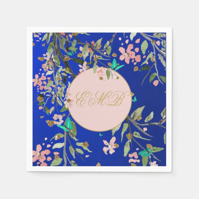 Monogram Floral Navy Blue  Elegant Gold Birthday Napkin (Front)