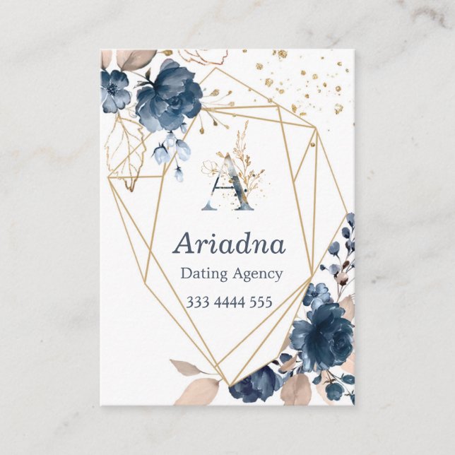 Monogram floral navy blue watercolor, confetti business card (Front)