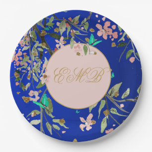 Monogram Floral Navy Pink  Elegant Gold Birthday Paper Plate