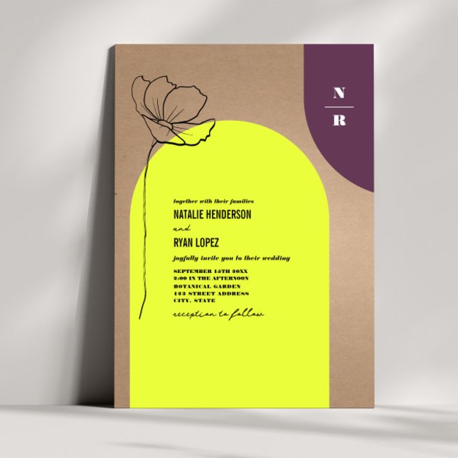 Monogram Floral Neon + Plum Geometric Wedding Invi Invitation (Creator Uploaded)