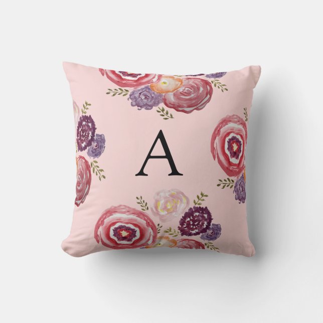 Monogram Floral Painting Throw Pillow (Front)
