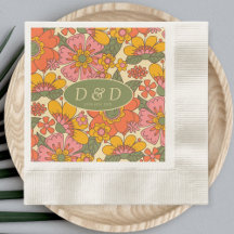 Monogram Floral Pattern Retro Boho 70s Wedding