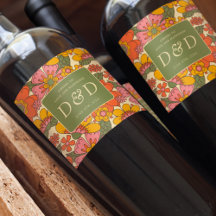 Monogram Floral Pattern Retro Boho 70s Wedding