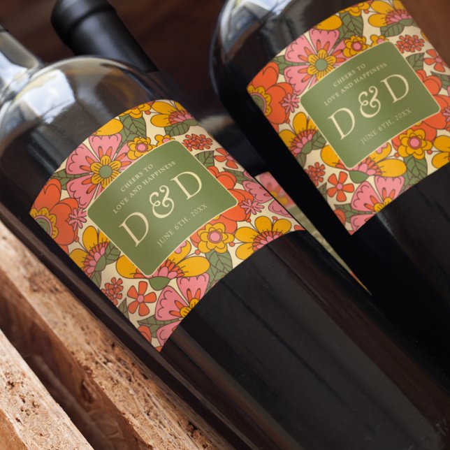 Monogram Floral Pattern Retro Boho 70s Wedding Wine Label (Creator Uploaded)