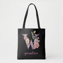 monogram floral personalised black pink letter W