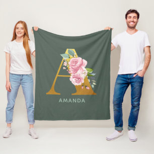 Monogram Floral Personalised Botanical Letter A Fleece Blanket