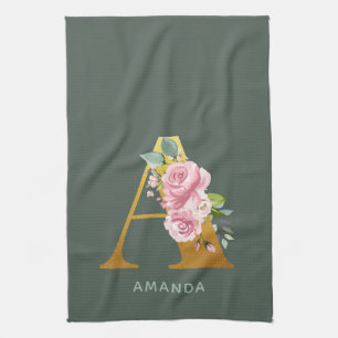 Monogram Floral Personalised Faux Gold Letter A Tea Towel
