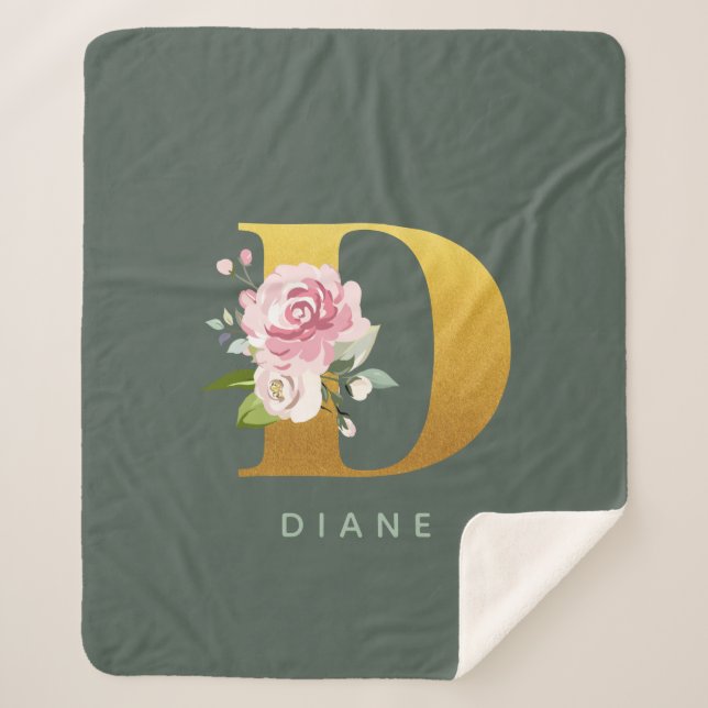 Monogram Floral Personalised Faux Gold Letter D Sherpa Blanket (Front)
